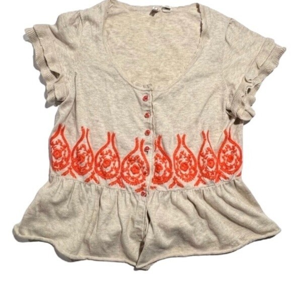 Moth Anthropologie Peplum Short Sleeve Fanning‎ Flame Sweater Size Medium - Picture 2 of 15